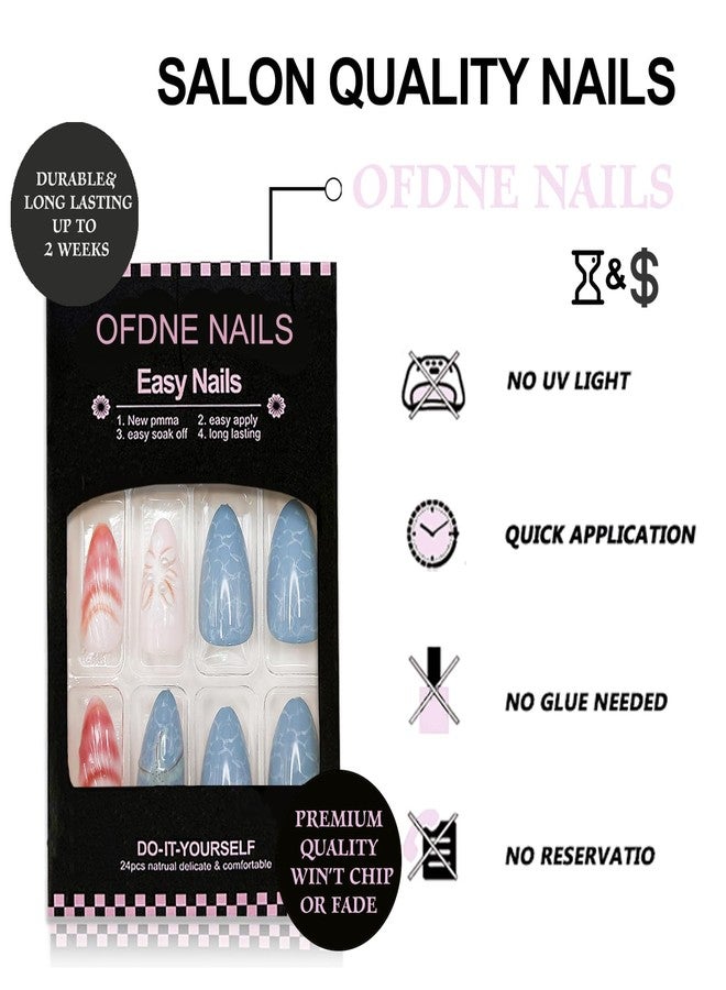 OFDNE Handmade Press on Nails Medium Almond OFDNE Fake Nails Ocean False Nails with Designs 3D Starfish Shell Pearls Blue Glossy Glue on Nails Handmade Nails Acrylic Nails for Women Girls 24 Pcs - Image 2