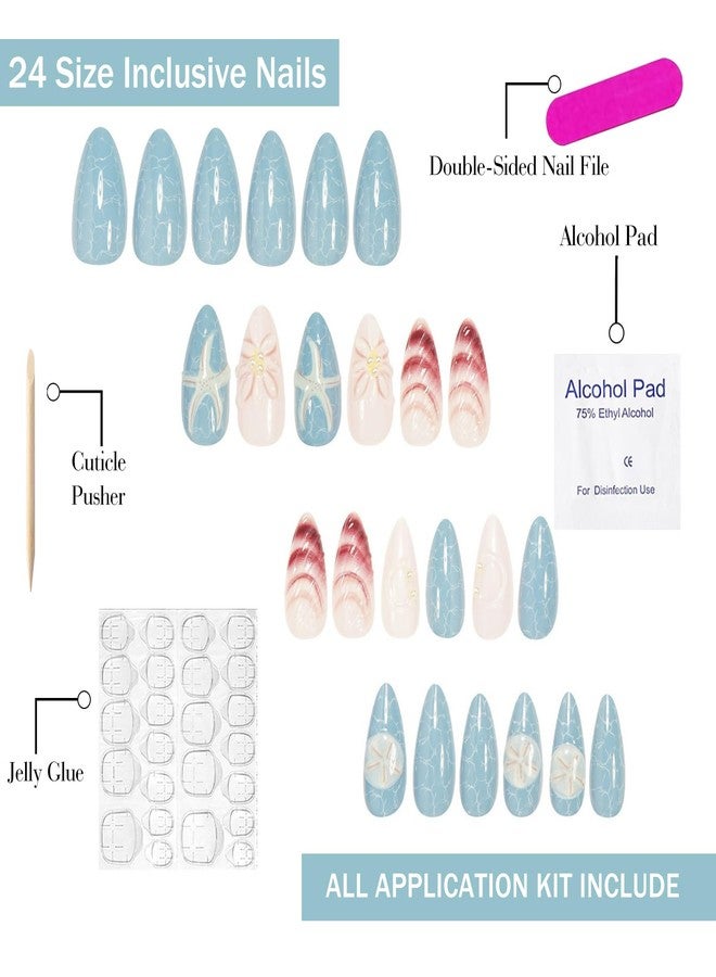 OFDNE Handmade Press on Nails Medium Almond OFDNE Fake Nails Ocean False Nails with Designs 3D Starfish Shell Pearls Blue Glossy Glue on Nails Handmade Nails Acrylic Nails for Women Girls 24 Pcs - Image 3