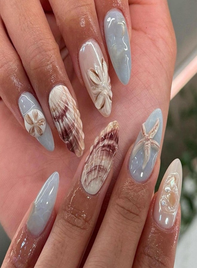 OFDNE Handmade Press on Nails Medium Almond OFDNE Fake Nails Ocean False Nails with Designs 3D Starfish Shell Pearls Blue Glossy Glue on Nails Handmade Nails Acrylic Nails for Women Girls 24 Pcs - Image 1