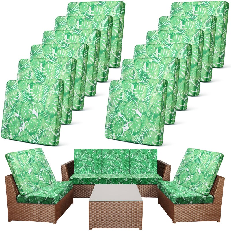 Newwiee أغطية وسائد خارجية قابلة للتمدد 12 قطعة من نيوويي لأرائك وكراسي الحديقة، أغطية بديلة للأرائك، غطاء أريكة قابل للانزلاق لحماية الأثاث، مرونة وقابل للغسل، لون مونستيرا الأخضر