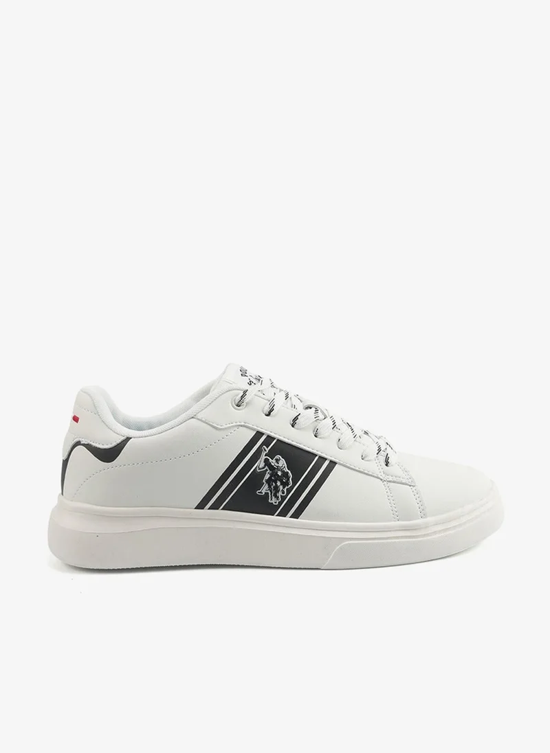 Men's White Sneakers with Bold Side Logo Shoes - Sporty Striped Design Shoes for Effortless Everyday Styling