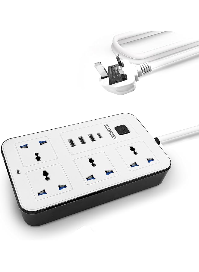 ELONSEY Universal Power Extension Cord with USB C, 4 Way Power Strip with USB Type C PD Outlet, Extension Lead 3 Meter - White - Image 1