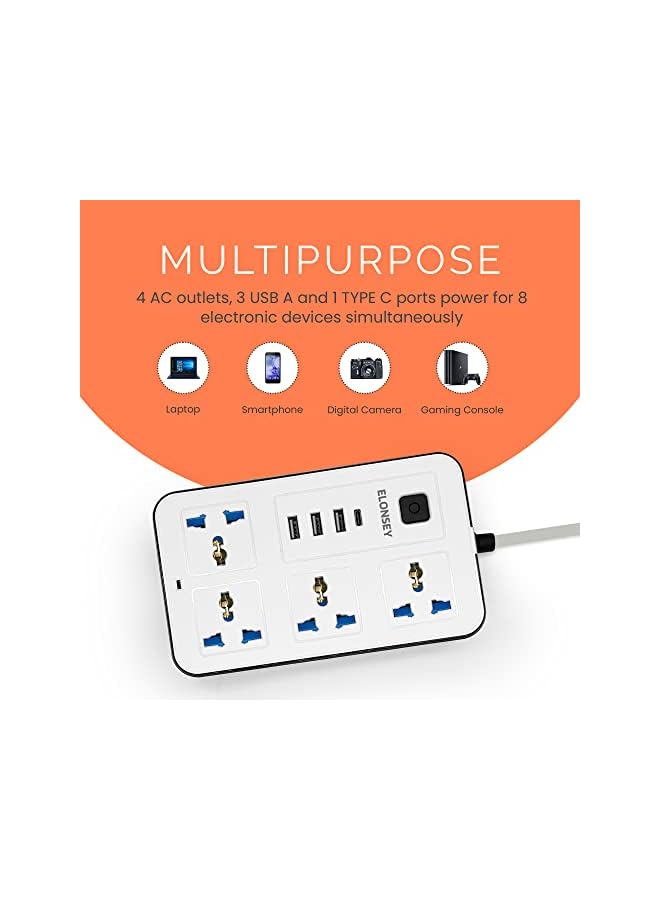 ELONSEY Universal Power Extension Cord with USB C, 4 Way Power Strip with USB Type C PD Outlet, Extension Lead 3 Meter - White - Image 4