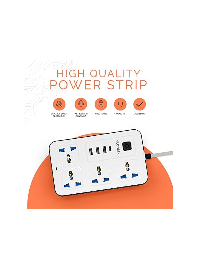 ELONSEY Universal Power Extension Cord with USB C, 4 Way Power Strip with USB Type C PD Outlet, Extension Lead 3 Meter - White - Image 2