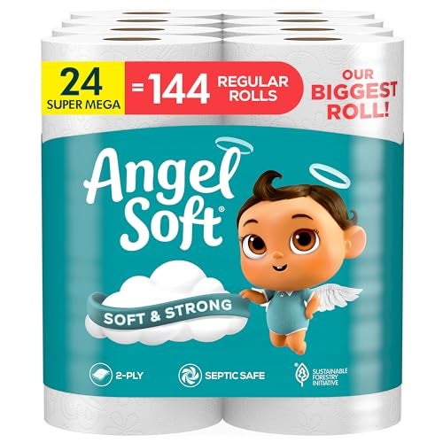 Angel Soft ورق تواليت أنجل سوفت 24 لفة سوبر ميغا 144 لفة عادية ورق تواليت ناعم وقوي - Image 2