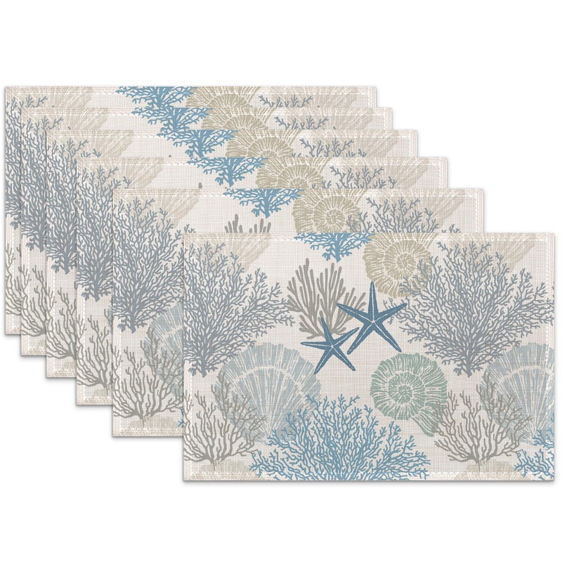 Snowmolle Coastal Beach Placemats Set of 6,Shell Starfish Coral Heat Resistant Table Mats Washable Place Mats for Party Kitchen Farmhouse Home Dining Holiday Decor 12x18 Inch - Image 1