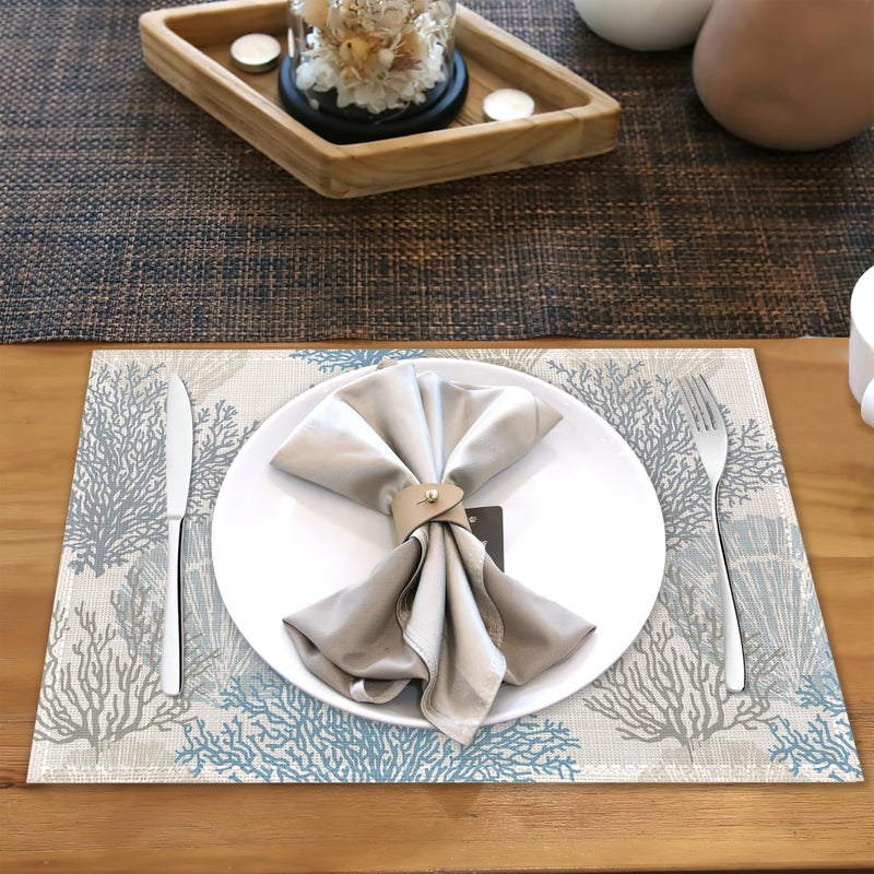 Snowmolle Coastal Beach Placemats Set of 6,Shell Starfish Coral Heat Resistant Table Mats Washable Place Mats for Party Kitchen Farmhouse Home Dining Holiday Decor 12x18 Inch - Image 5
