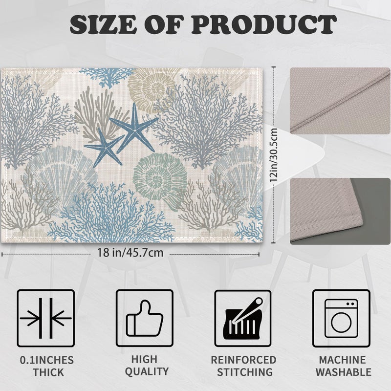 Snowmolle Coastal Beach Placemats Set of 6,Shell Starfish Coral Heat Resistant Table Mats Washable Place Mats for Party Kitchen Farmhouse Home Dining Holiday Decor 12x18 Inch - Image 2