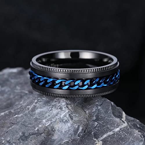 King Will Stainless Steel Men's Ring-8mm Black Fidget Spinner Ring with Blue Chain, 316L Stainless Steel Ring for Men Women with Stress Free, Cool Wedding Band Comfort Fit Size 12.5 - Image 3