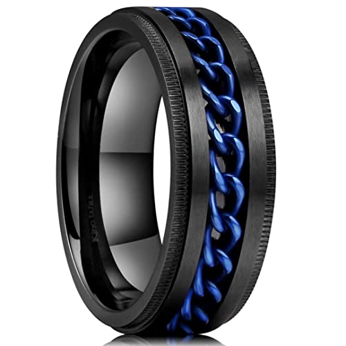 King Will Stainless Steel Men's Ring-8mm Black Fidget Spinner Ring with Blue Chain, 316L Stainless Steel Ring for Men Women with Stress Free, Cool Wedding Band Comfort Fit Size 12.5 - Image 1