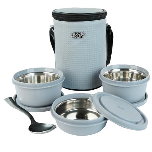 KOI Executive Lunch Box, Microwave Safe, 3 Inside Steel Container with BPA Free Lids (290ml, 450ml, 600ml, Steel Cutlery - Grey (Grey) - Image 1
