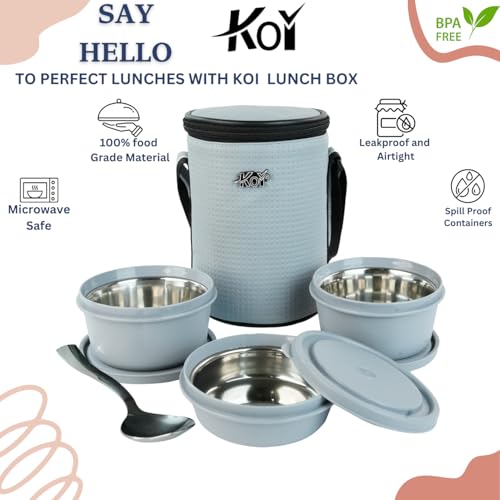 KOI Executive Lunch Box, Microwave Safe, 3 Inside Steel Container with BPA Free Lids (290ml, 450ml, 600ml, Steel Cutlery - Grey (Grey) - Image 2