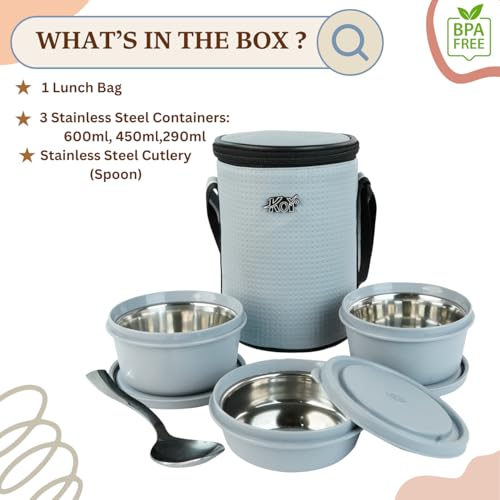 KOI Executive Lunch Box, Microwave Safe, 3 Inside Steel Container with BPA Free Lids (290ml, 450ml, 600ml, Steel Cutlery - Grey (Grey) - Image 3