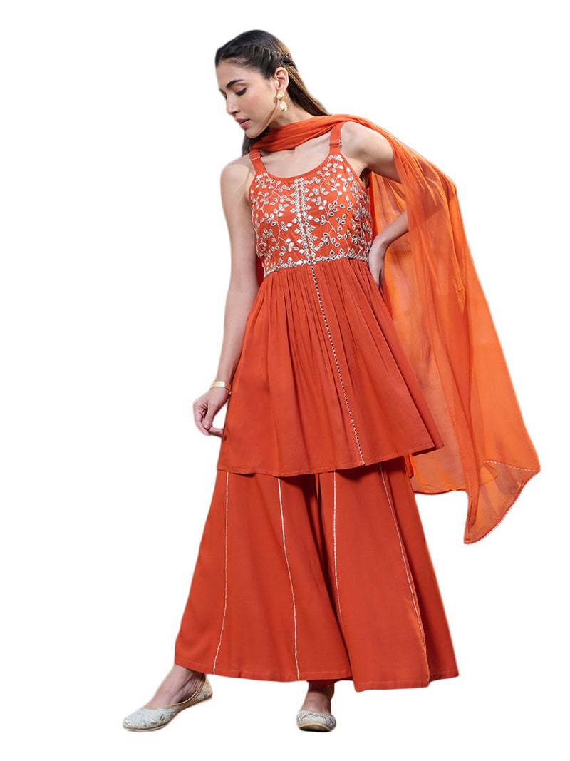 Stylum Women's Solid & Embrpodered Rayon Short Kurti Sharara Dupatta Set - Image 1