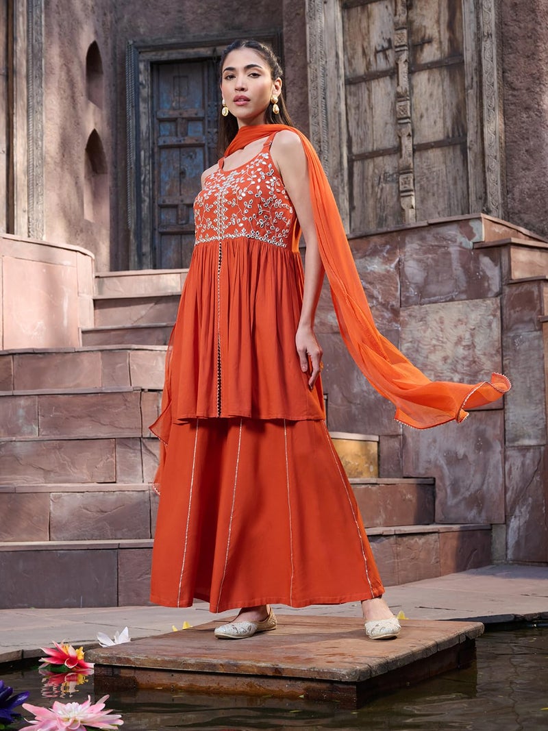 Stylum Women's Solid & Embrpodered Rayon Short Kurti Sharara Dupatta Set - Image 5