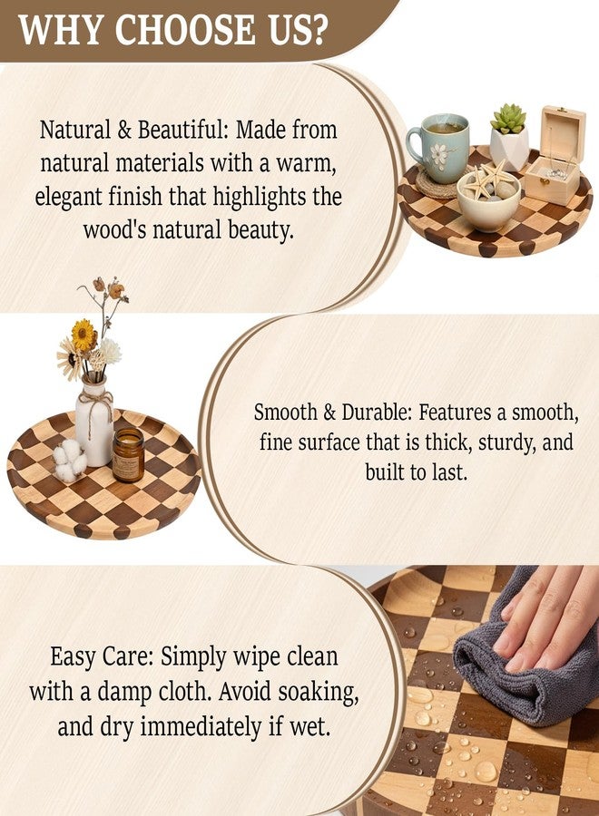 MSJGA 11 Inches Round Wooden Serving Trays Decorative Candle Plate Holder with Unique Checkered Design for Home Decor, Coffee Table, Dining Table, Kitchen Island - Image 5
