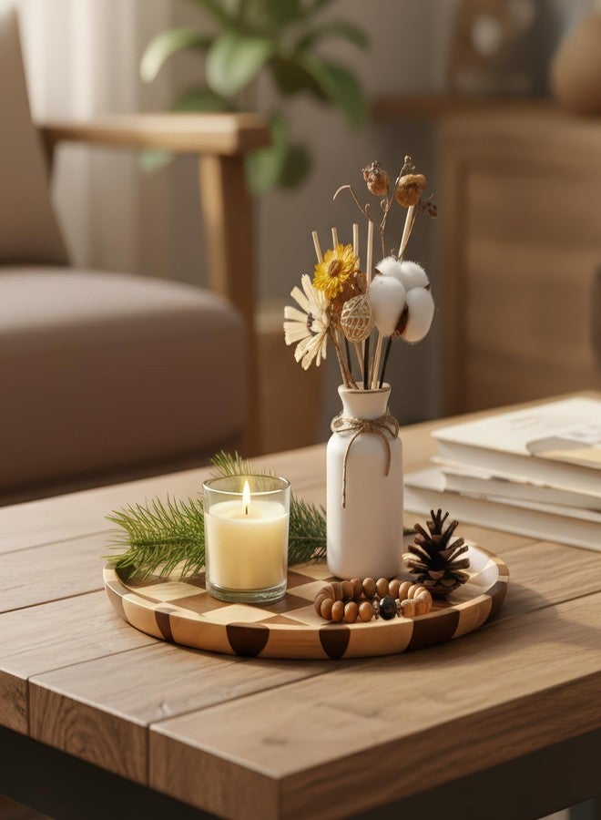 MSJGA 11 Inches Round Wooden Serving Trays Decorative Candle Plate Holder with Unique Checkered Design for Home Decor, Coffee Table, Dining Table, Kitchen Island - Image 4
