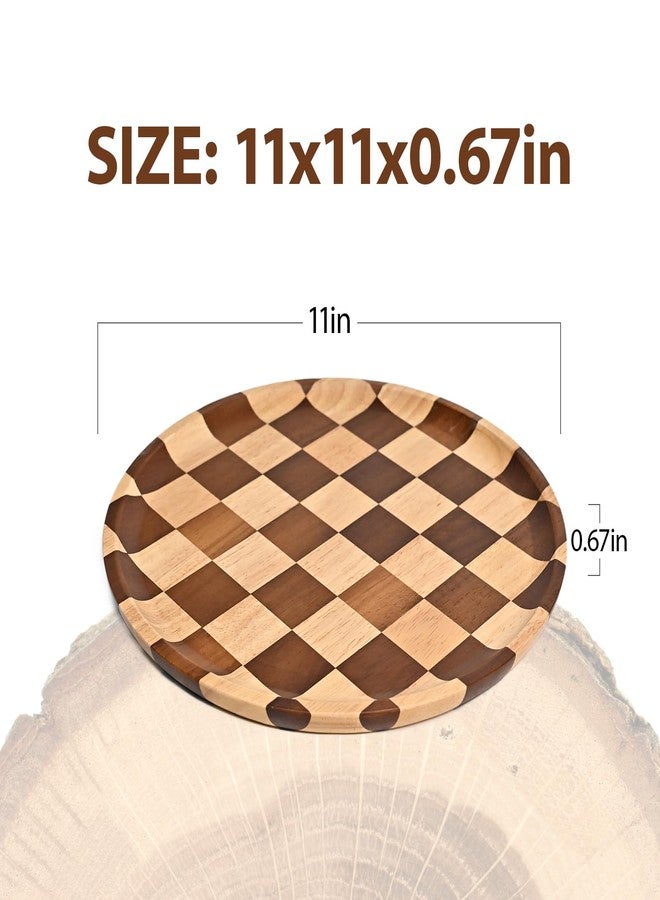 MSJGA 11 Inches Round Wooden Serving Trays Decorative Candle Plate Holder with Unique Checkered Design for Home Decor, Coffee Table, Dining Table, Kitchen Island - Image 3