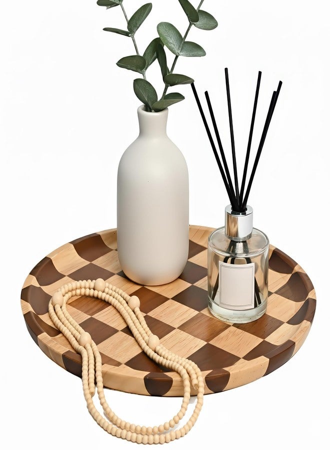 MSJGA 11 Inches Round Wooden Serving Trays Decorative Candle Plate Holder with Unique Checkered Design for Home Decor, Coffee Table, Dining Table, Kitchen Island - Image 1