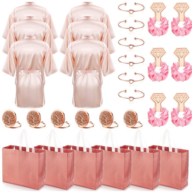 Toulite 30 Pcs Kimono Robes Set for Women Includes Satin Robes Gift Bags Knot Bracelets Hair Ties with Diamond Metal Mirror for Birthday Wedding Party - Image 1