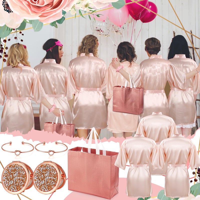 Toulite 30 Pcs Kimono Robes Set for Women Includes Satin Robes Gift Bags Knot Bracelets Hair Ties with Diamond Metal Mirror for Birthday Wedding Party - Image 4