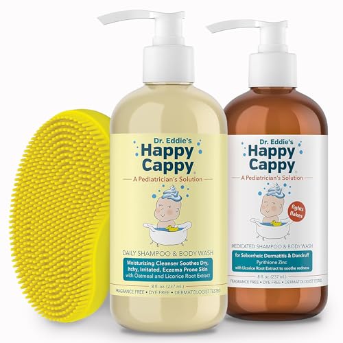 Happy Cappy Medicated and Daily Shampoo and Beanie Brush Bundle - Baby Dandruff Shampoo, Cradle Cap Brush for Babies, Toddlers, Helps Cradle Cap and Seborrheic Dermatitis, Fragrance-Free - 3 Pieces - Image 1
