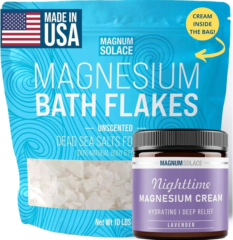 Magnum Solace Magnesium Flakes for Bath 10 LBS Plus Nighttime Magnesium Cream  Inside The Bag Lavender