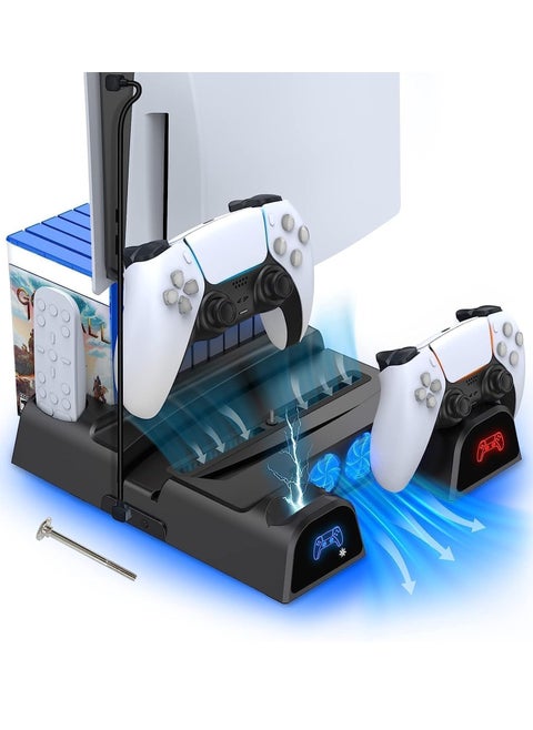 PS5 Stand with Cooling Station, PS5 Controller Charging Station for Playstation 5 Console CD/Digital Edition, PS5 Accessory Vertical Stand with 3-Stage Cooling Fan, and 11 Game Storage Cases (Black)