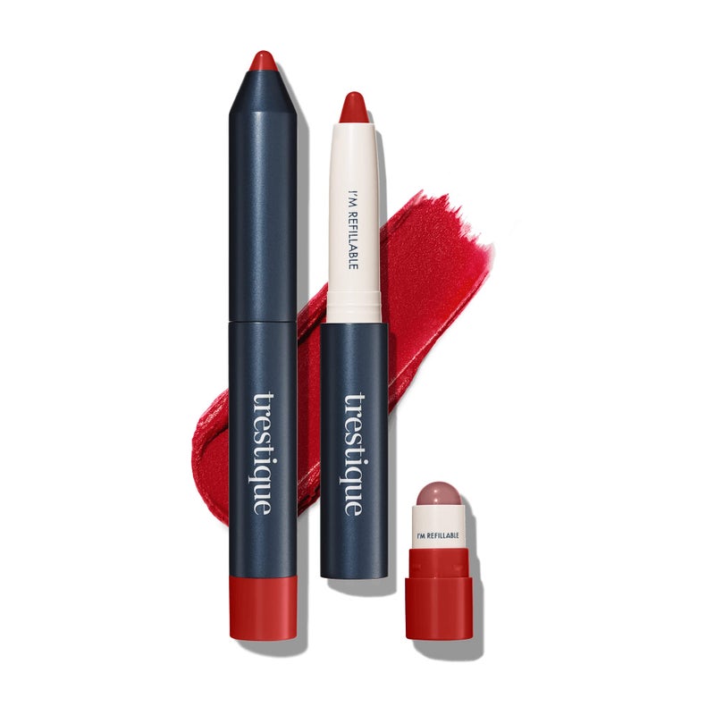 TRESTIQUE Matte Lip Crayon Matte Lipstick With Builtin Lip Gloss Balm 2in1 Lip Liner Set With Lip Crayon and Lip Balm Lipstick and Lip Gloss Kit Chile Red Refillable