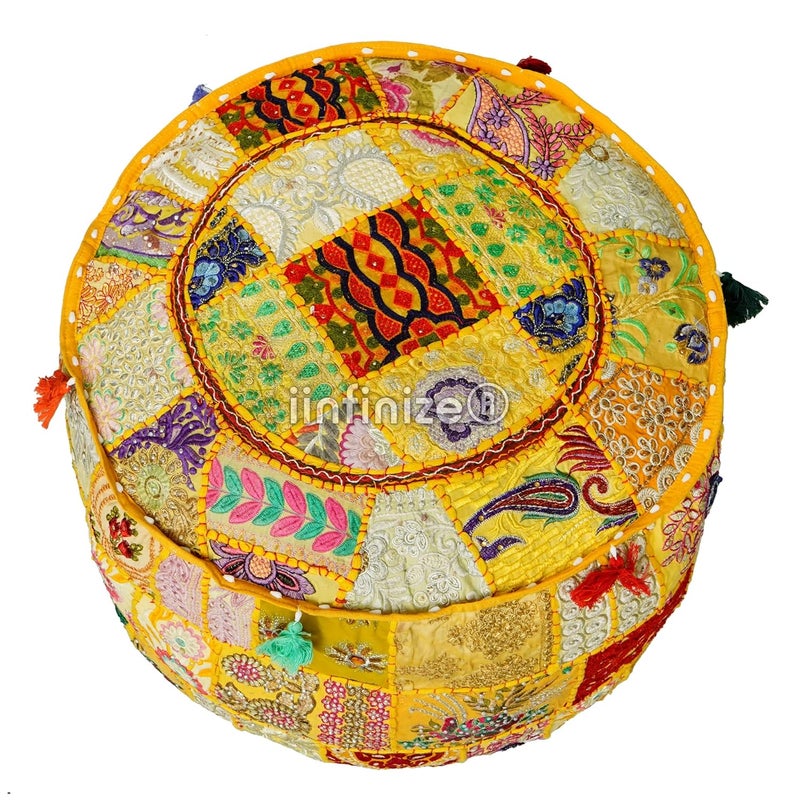 iinfinize Patchwork Khambadiya Pouffe Cover 16 Inch Round Ottoman Footrest Mudda Stool Cover Cotton Boho Vintage Sitting Bean Bag Pouffe Pouffe Case Yellow - Image 4
