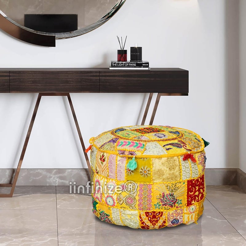 iinfinize Patchwork Khambadiya Pouffe Cover 16 Inch Round Ottoman Footrest Mudda Stool Cover Cotton Boho Vintage Sitting Bean Bag Pouffe Pouffe Case Yellow - Image 2