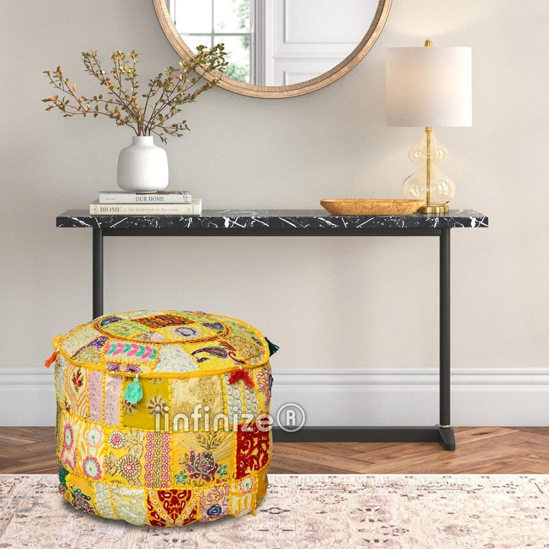 iinfinize Patchwork Khambadiya Pouffe Cover 16 Inch Round Ottoman Footrest Mudda Stool Cover Cotton Boho Vintage Sitting Bean Bag Pouffe Pouffe Case Yellow - Image 3