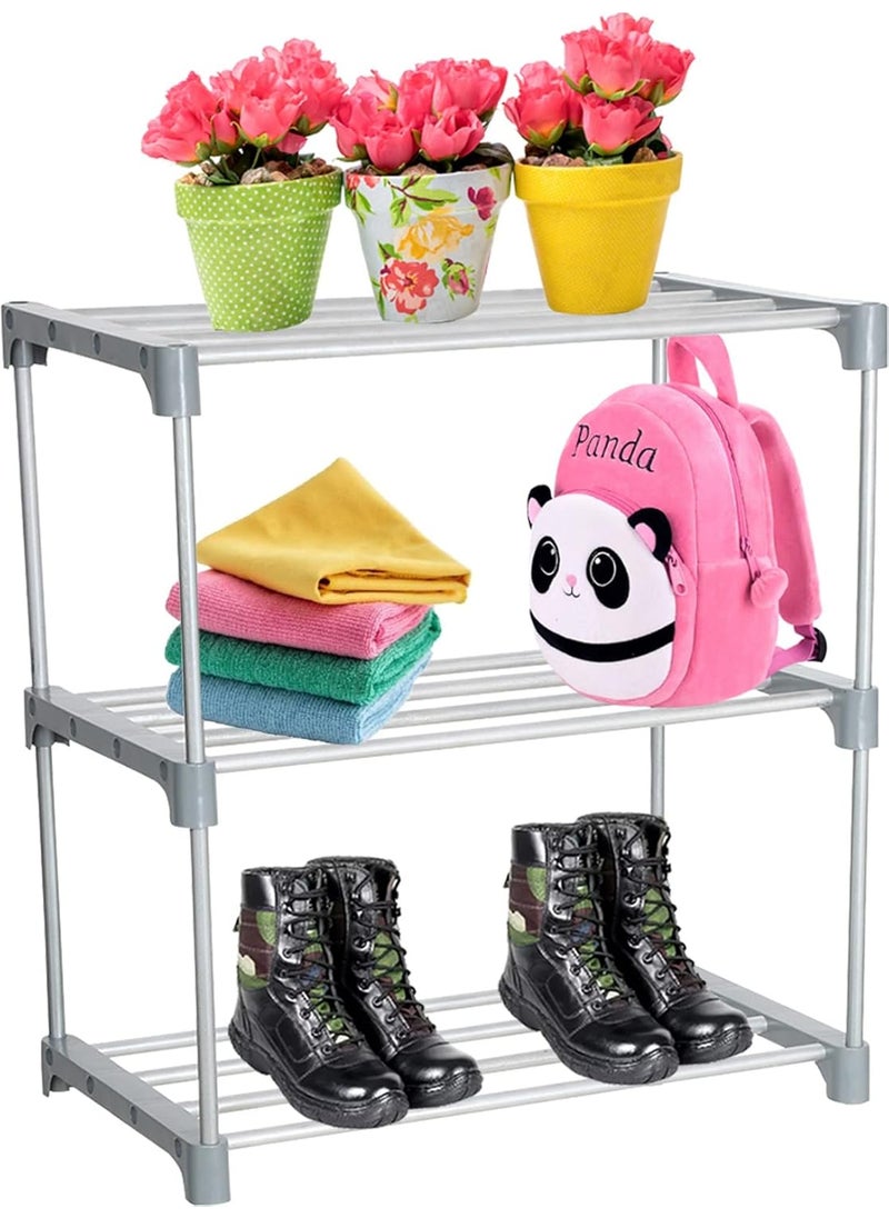 DECENT HUT Decent Home Multipurpose Rustproof Metal Plastic Shoe Rack Foldable Wide Storage Rack for Books Toys Shoes Easy to Move Assemble 3 Shelves Grey  - Image 3