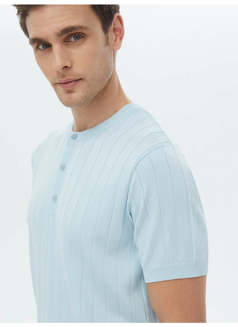 Kip Light Blue Mandarin Collar Jacquard Sweater