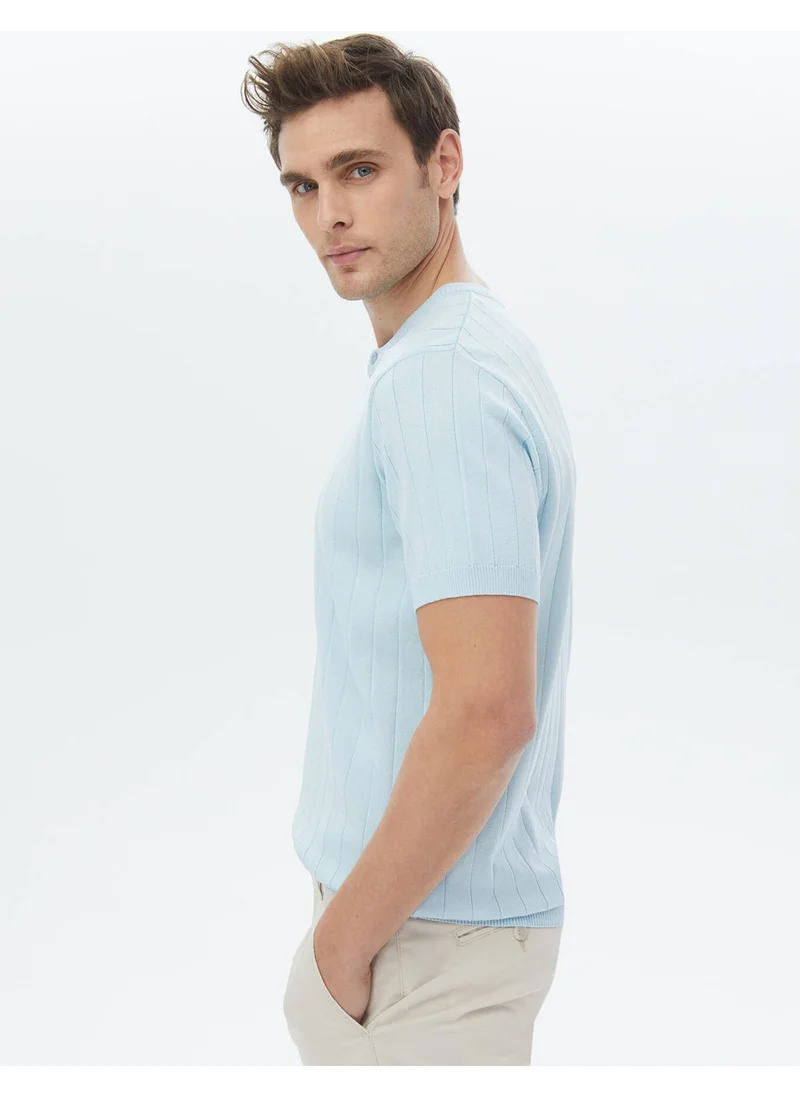 Kip Light Blue Mandarin Collar Jacquard Sweater