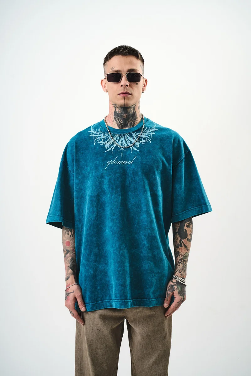 RESPIRE Men's Ephemeral Print Washed Oversize T-Shirt, Petrol