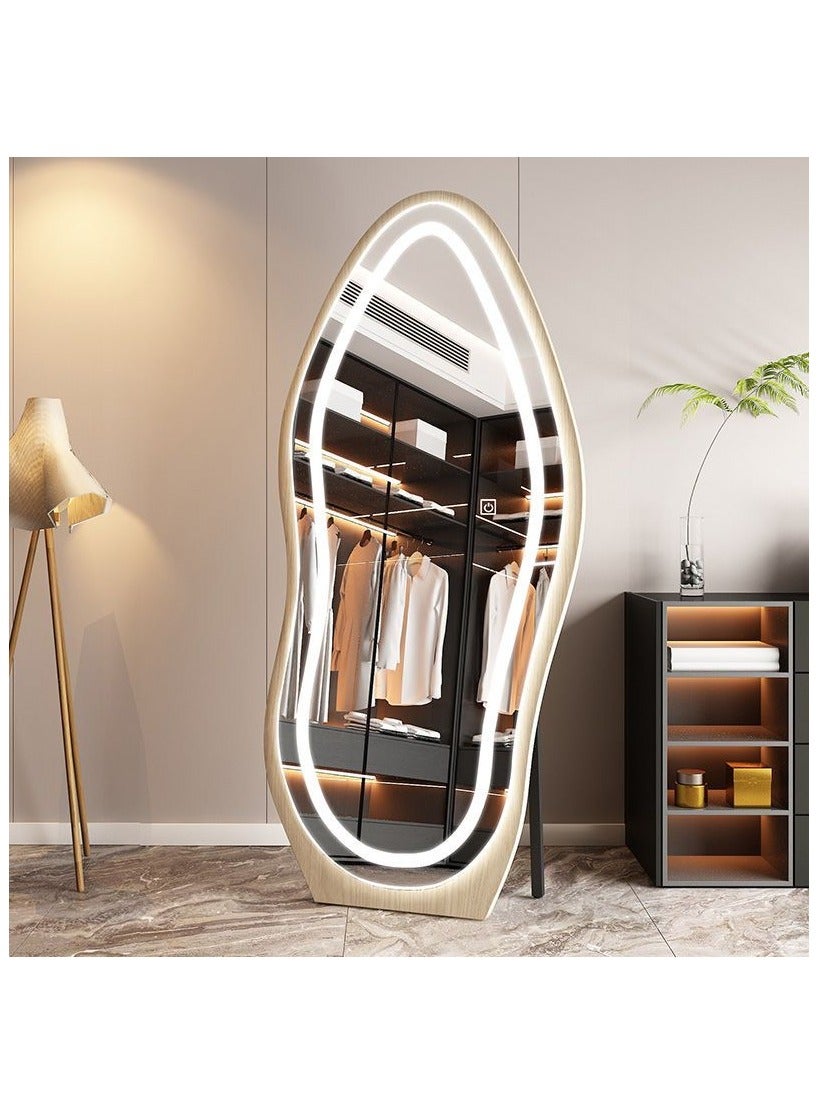 Full Length Mirror Free-standing Wavy Cloud Shape Mirror with LED Light in 3 Modes, Wood Frame Long Mirror Floor Standing or Wall Mounted