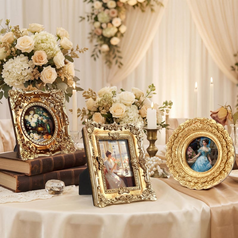 Kathfly 6 Pcs Mini Vintage Picture Frame for Wedding Decor Gold Tiny Picture Frames Bulk Antique Photo Frame Resin Baroque Ornaments with Floral Relief Panel and Rack Stand for Wall(Golden,Classic) - Image 2