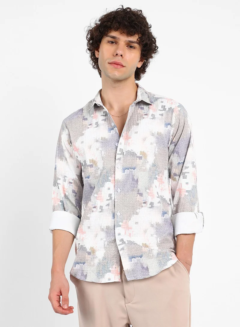 Campus Sutra Men's Moon Grey & Chalk White Artistic-Blur Shirt For Casual Wear | Spread Collar | Long Sleeve | Button Closure | Shirt Crafted With Comfort Fit For Everyday Wear