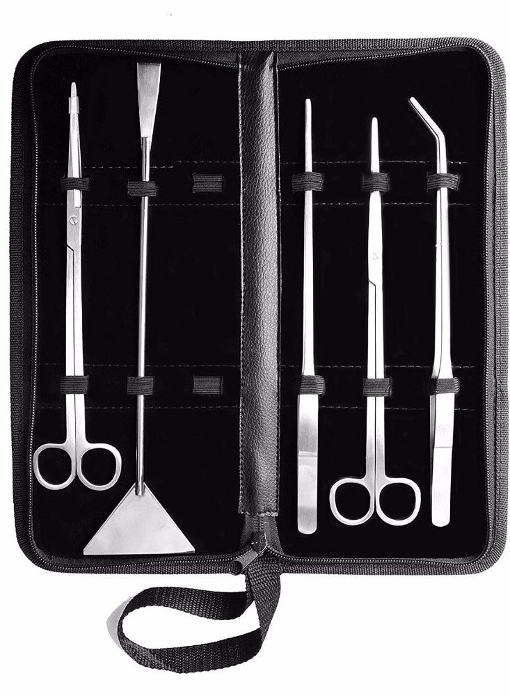 5 PCS Aquarium Tools Set – Stainless Steel Tweezers, Scissors & Double-Sided Scraper with Carry Pouch – Aquatic Plant Maintenance & Fish Tank Cleaning Kit