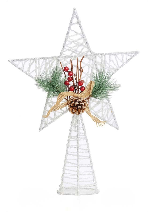 1pc Christmas Tree Topper Star – 23x31 cm Glitter White Silver Star with Pinecone, Berries & Ribbon for Christmas Tree Decoration - Image 1