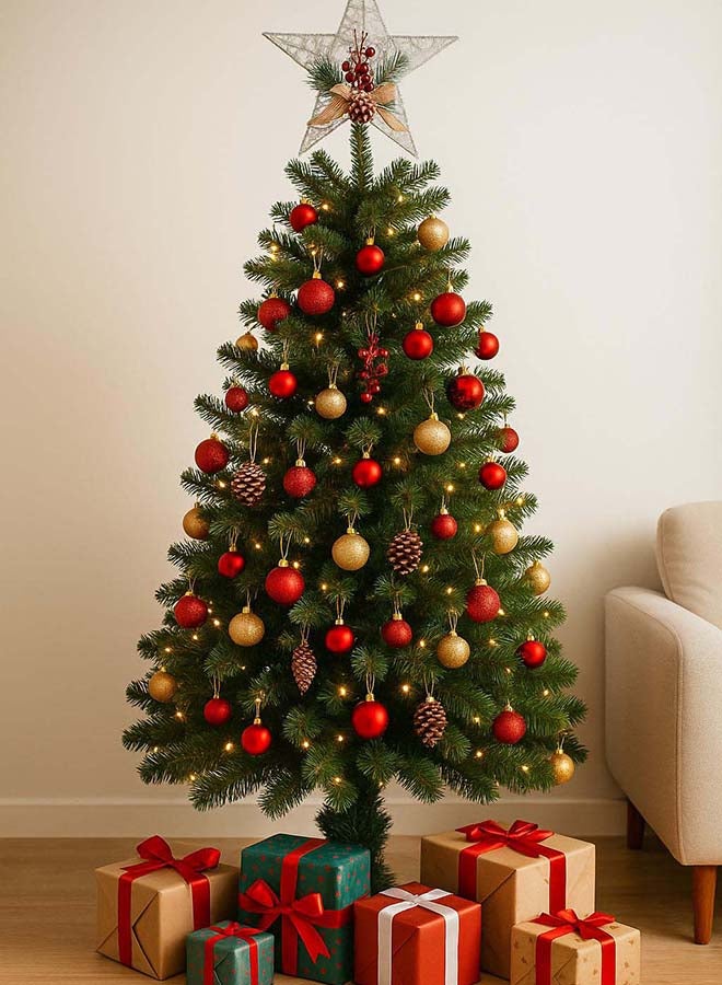 1pc Christmas Tree Topper Star – 23x31 cm Glitter White Silver Star with Pinecone, Berries & Ribbon for Christmas Tree Decoration - Image 2