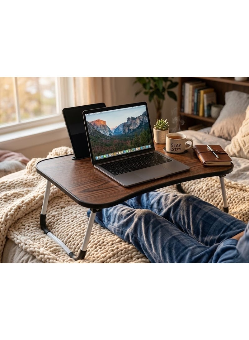 Foldable Wooden Laptop Desk and Bed Tray Table with Cup Holder and Tablet Slot for Work and Study - Wood Brown - Image 2