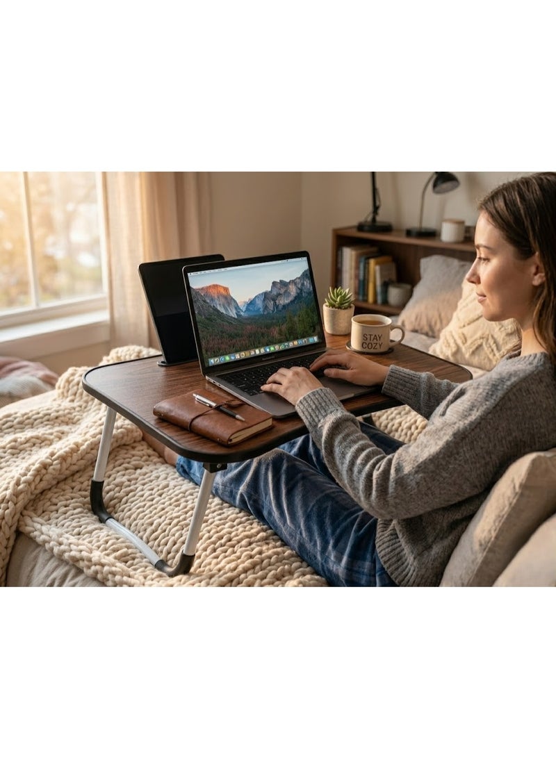 Foldable Wooden Laptop Desk and Bed Tray Table with Cup Holder and Tablet Slot for Work and Study - Wood Brown - Image 3