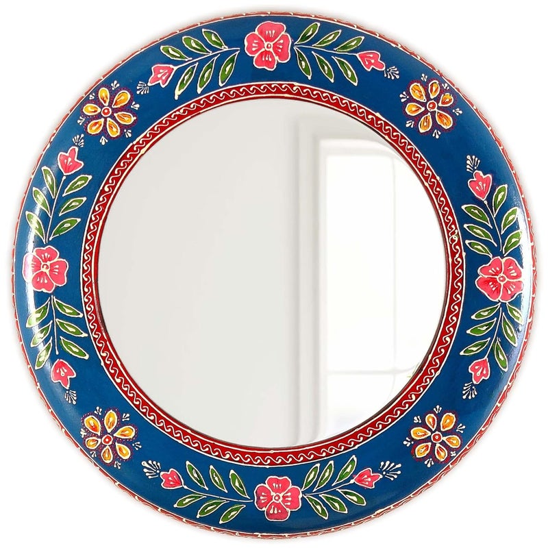 AntarYuga Wooden Handpainted Round MirrorRajasthani Decor Decorative Wall ArtSculpture for Home Living RoomBedroomOffice 18 X 18 Inch AYMI009 - Image 1