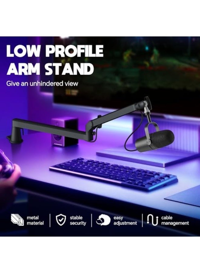 والالا ذراع ميكروفون متين قابل للتعديل بارتفاع 10 سم، حامل ذراع ميكروفون منخفض الارتفاع مع إدارة قنوات الكابل، ذراع معدني للبودكاست، تسجيل الاستوديو، بث الفيديو المباشر - Image 4