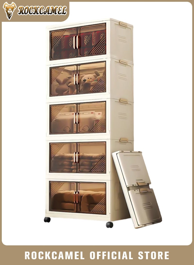 ROCKCAMEL خزانة تخزين قابلة للطي، صناديق تخزين بلاستيكية قابلة للتكديس من 5 طبقات مزودة بعجلات وأبواب شفافة، صندوق تخزين ألعاب، خزانة للوجبات الخفيفة، خزانة كتب (أبيض، 50×26×123 سم) - Image 1