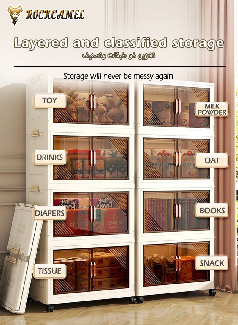 ROCKCAMEL خزانة تخزين قابلة للطي، صناديق تخزين بلاستيكية قابلة للتكديس من 5 طبقات مزودة بعجلات وأبواب شفافة، صندوق تخزين ألعاب، خزانة للوجبات الخفيفة، خزانة كتب (أبيض، 50×26×123 سم) - Image 3