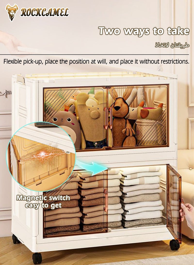 ROCKCAMEL خزانة تخزين قابلة للطي، صناديق تخزين بلاستيكية قابلة للتكديس من 5 طبقات مزودة بعجلات وأبواب شفافة، صندوق تخزين ألعاب، خزانة للوجبات الخفيفة، خزانة كتب (أبيض، 50×26×123 سم) - Image 4