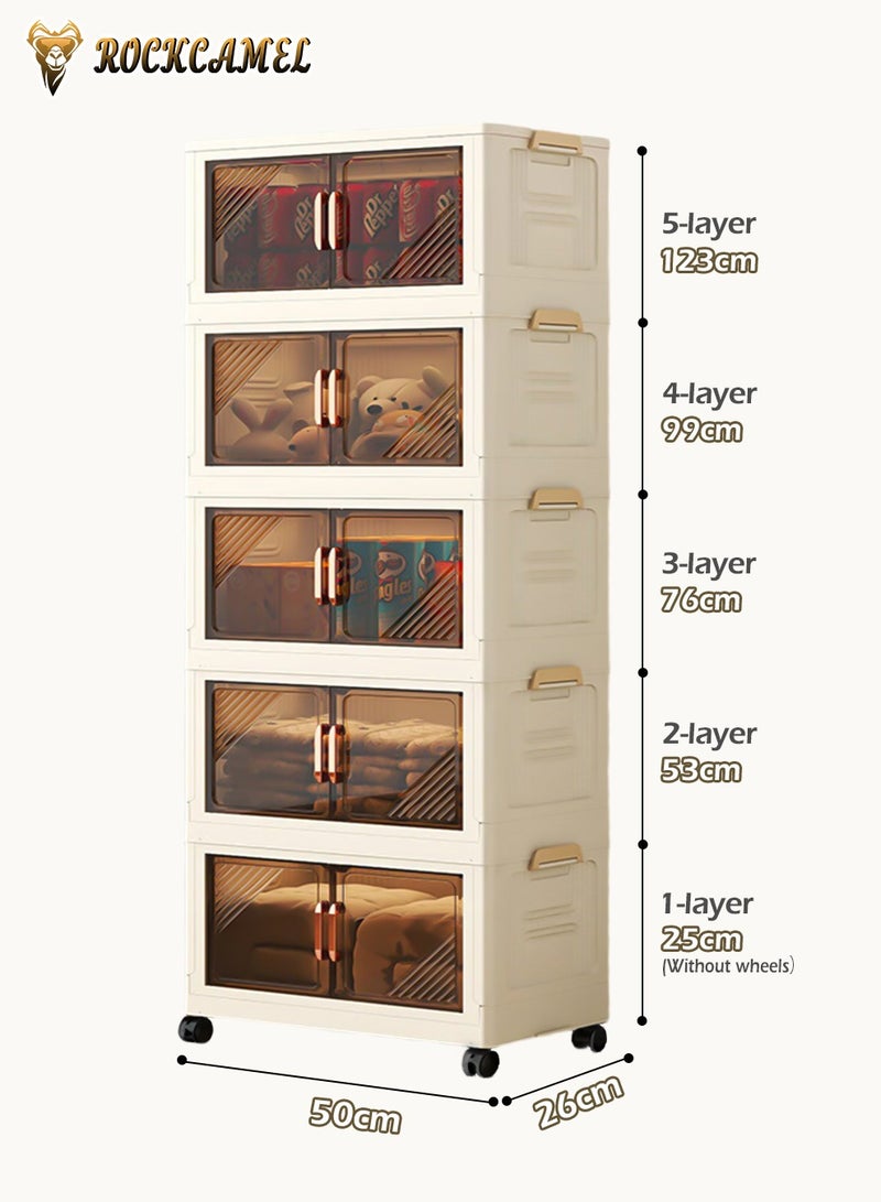 ROCKCAMEL خزانة تخزين قابلة للطي، صناديق تخزين بلاستيكية قابلة للتكديس من 5 طبقات مزودة بعجلات وأبواب شفافة، صندوق تخزين ألعاب، خزانة للوجبات الخفيفة، خزانة كتب (أبيض، 50×26×123 سم) - Image 5